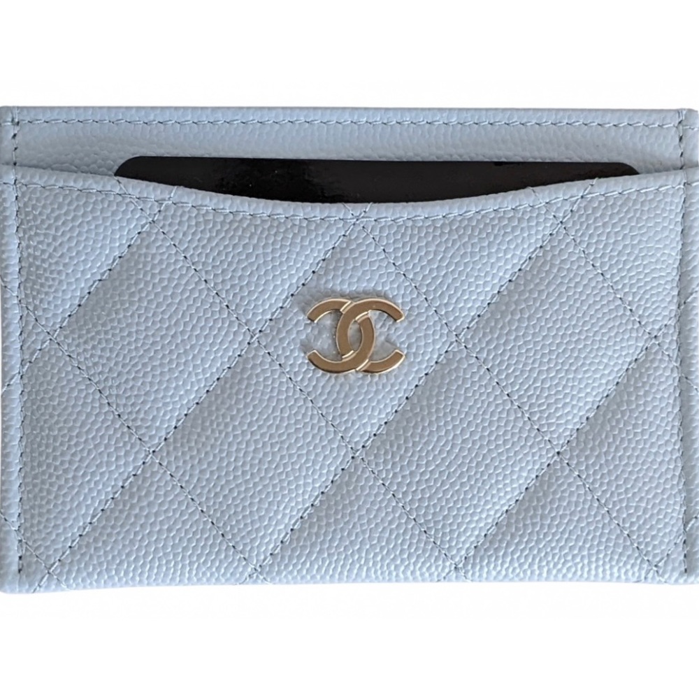 Chanel flat card holder 22P light blue with champagne gold hardware